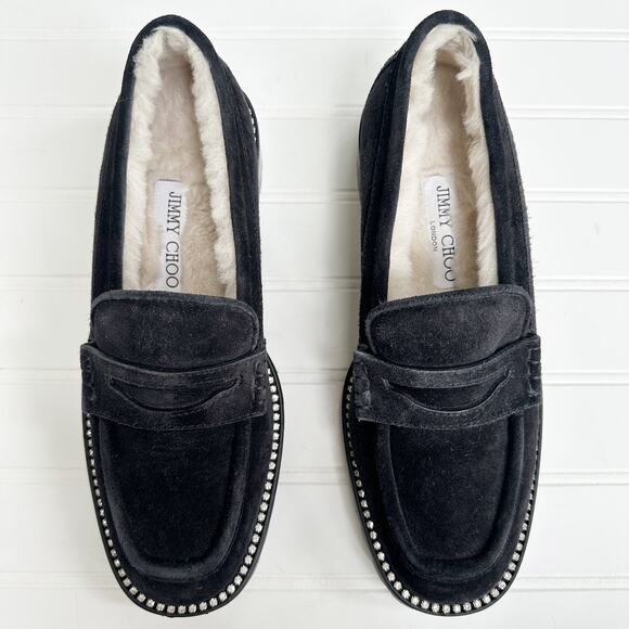 Jimmy Choo Deanna Shearling Lined Black Suede Crystal Loafers Slip On 37 - Picture 1 of 9